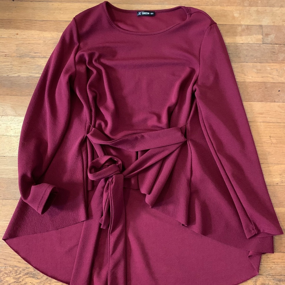 Cranberry blouse with belt/tie